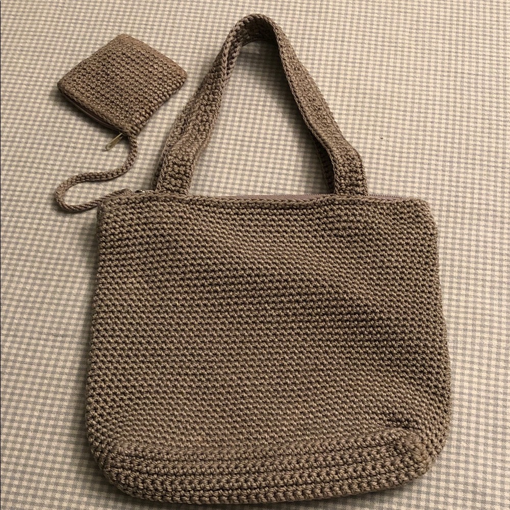 Knit Crochet Taupe Tote Bag Attached Coin Pouch Zip Top, Pocket & Pouch #859